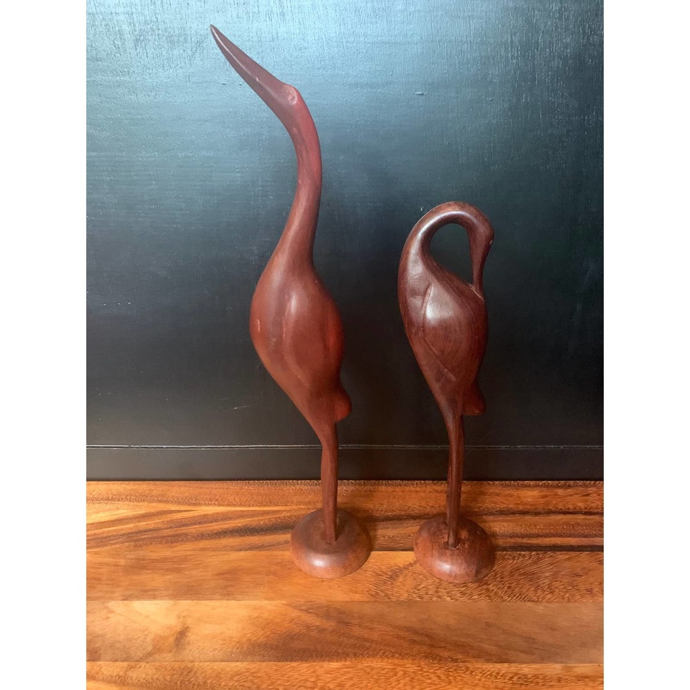 *SOLD* Vintage Artisan Teak Wood Carved Crane Sculpture Figurines
